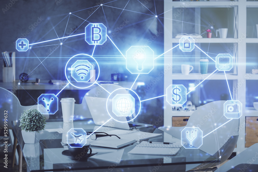 Double exposure of social network theme drawing and office interior background. Concept of web. Double exposure of social network theme drawing and office interior background. Concept of web.