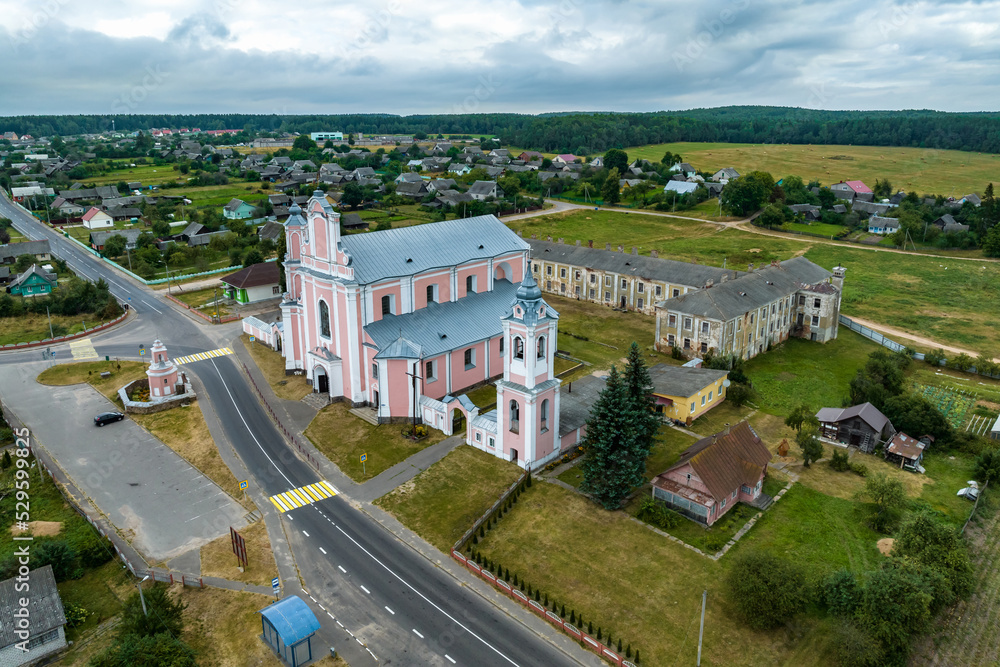 aerial view on baroque temple or catholic church in countryside