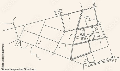Detailed navigation black lines urban street roads map of the SENEFELDERQUARTIER DISTRICT of the German regional capital city of Offenbach am Main, Germany on vintage beige background