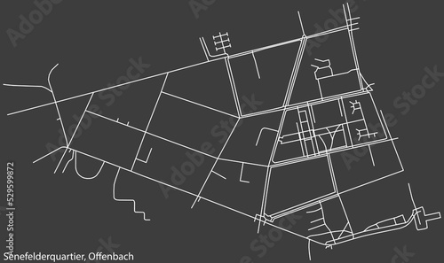 Detailed negative navigation white lines urban street roads map of the SENEFELDERQUARTIER DISTRICT of the German regional capital city of Offenbach am Main, Germany on dark gray background