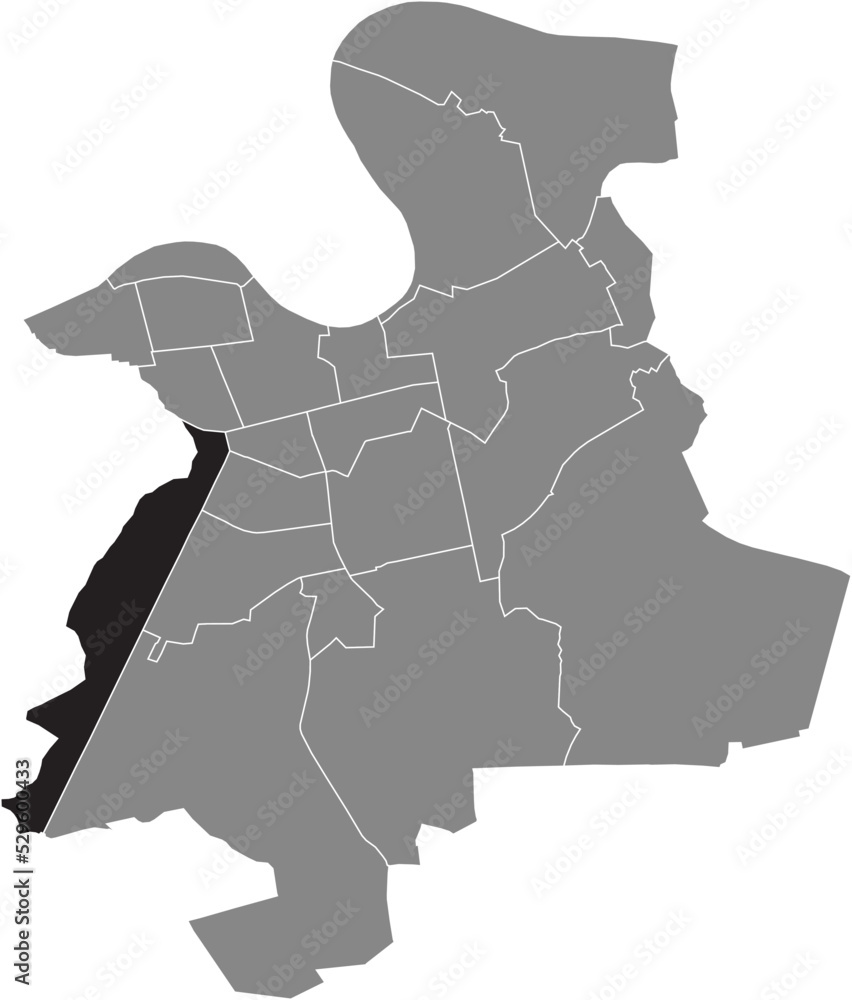 Obraz premium Black flat blank highlighted location map of the BUCHRAIN DISTRICT inside gray administrative map of Offenbach am Main, Germany