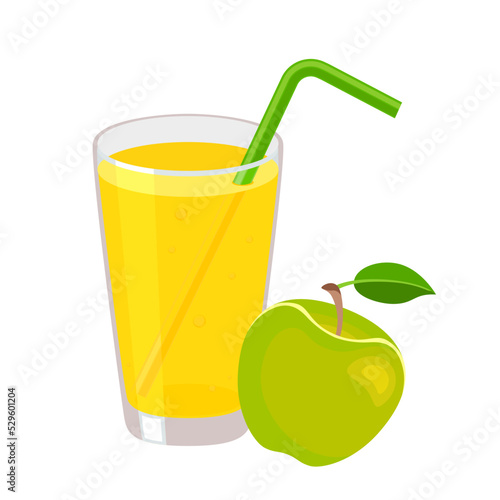 Apple juice in a glass with tube for drinking. Healthy organic fresh drink icon. Garden fruit. Vector illustration in flat style isolated on white. Taking natural vitamins.