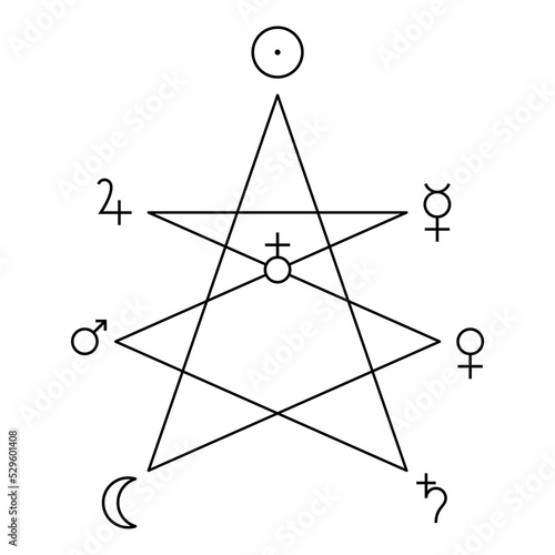 Symbols of Mystic Lamb, planets and globus cruciger. Unicursal seven pointed star reflecting the divine sacrifice of Christ to humanity. 7 horns and 7 eyes, the 7 spirits of God in Book of Revelation. photo