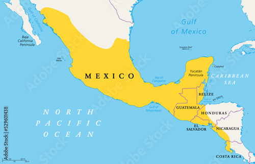 Location of Mesoamerica, political map. Historical region and cultural area in southern North America and most of Central America, from Mexico to Costa Rica, where pre Columbian societies flourished.
