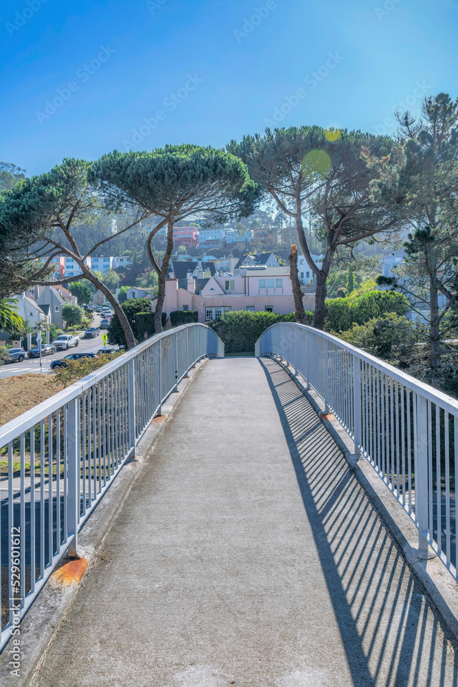 Elevated narrow walkway overlooking residences in San Francisco neighborhood