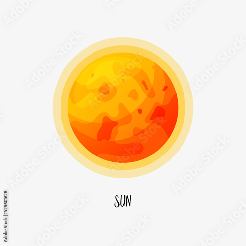 Vector illustration of the solar system planets. Cartoon Sun planet for kids posters, postcards. isolated on white background. Orange space.