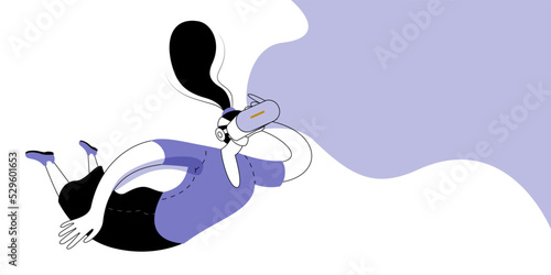 A young woman in virtual reality glasses is levitating in the air. Vector illustration in a modern flat style on the theme of virtual reality and the metaverse.