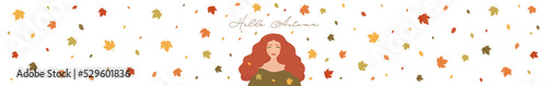 Banner PNG background transparent, Hello Autumn, welcome Fall, Hello Fall, young red-haired woman with freckles joyfully welcoming autumn, looking up at falling tree leaves :red, yellow, orange, green
