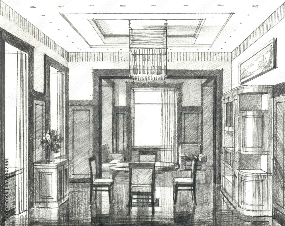 Pencil sketch of the interior of a public building. Meeting room. Meeting room. Hand drawing, illustration