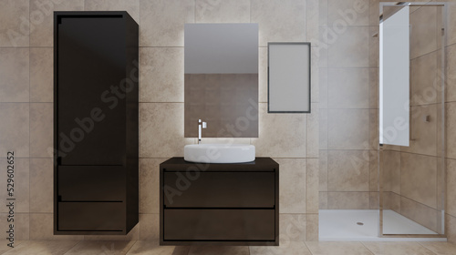 Spacious bathroom  clean  beautiful  luxurious  bright room. 3D rendering.. Mockup.   Empty paintings