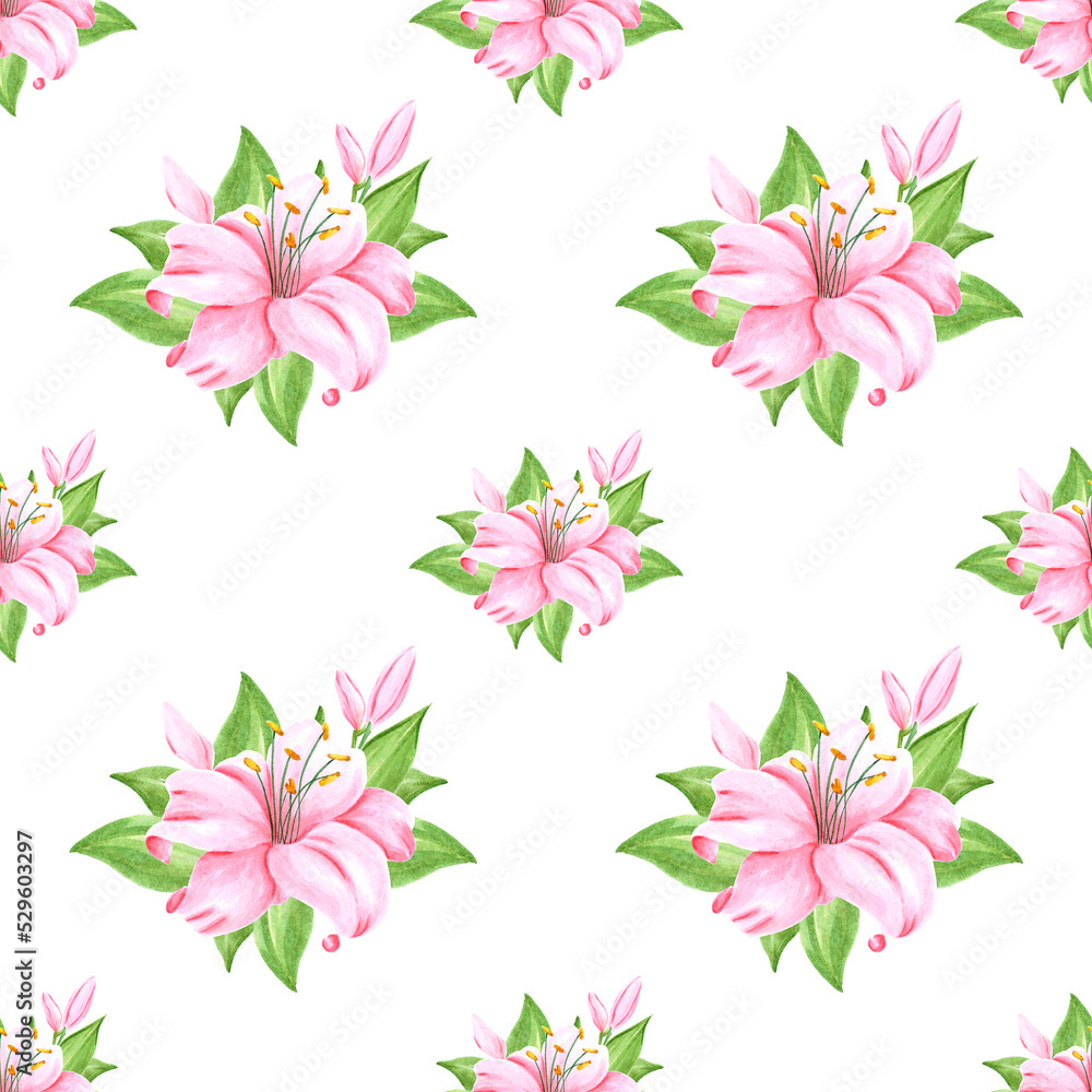Handdrawn lily flowers seamless pattern. Watercolor pink lily on the white background. Scrapbook design, typography poster, label, banner, textile. Handdrawn lily flowers seamless pattern. Watercolor pink lily on the white background. Scrapbook design, typography poster, label, banner, textile.