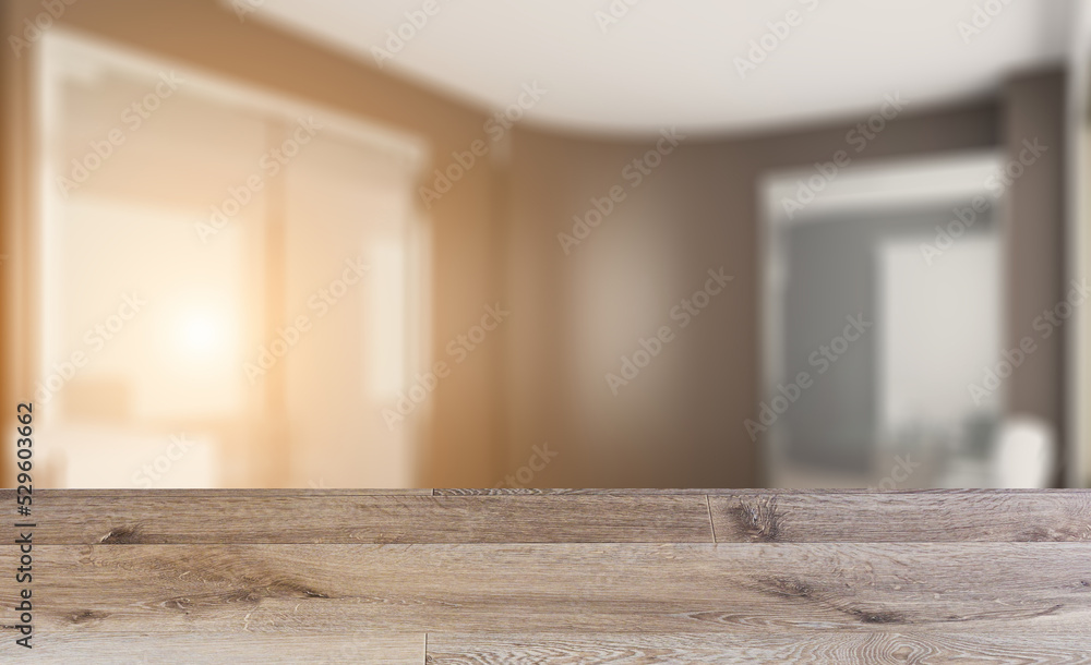 Modern office building interior. 3D rendering.. Sunset.. Background with empty wooden table. Flooring. Modern office building interior. 3D rendering.. Sunset.. Background with empty wooden table. Flooring.