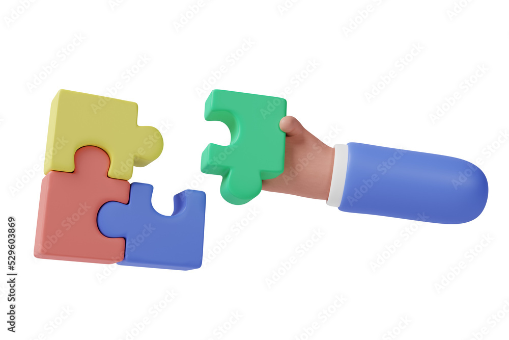 Businessman hand connects jigsaw puzzle piece. Business partnership group symbol, brainstorming, communication, unity, cooperation, collaboration, teamwork, connection. 3d rendering