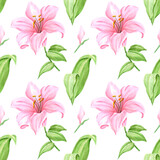Handdrawn lily flowers seamless pattern. Watercolor pink lily on the white background. Scrapbook design, typography poster, label, banner, textile.