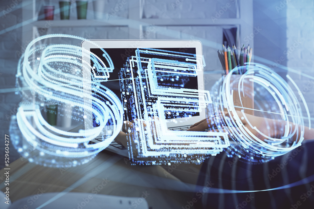 Double exposure of woman hands working on computer and seo hologram drawing. internet search concept. Double exposure of woman hands working on computer and seo hologram drawing. internet search concept.