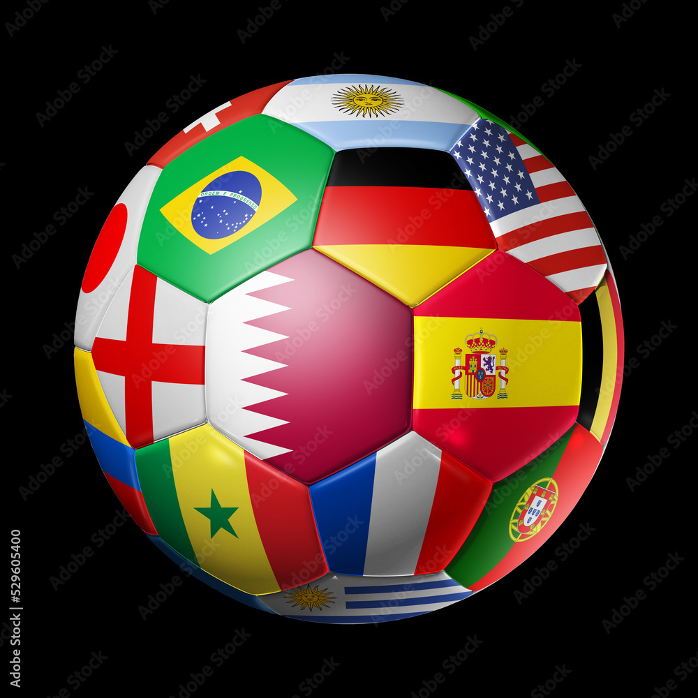 Qatar 2022. Football soccer ball with team national flags. 3D illustration isolated on black background Qatar 2022. Football soccer ball with team national flags. 3D illustration isolated on black background