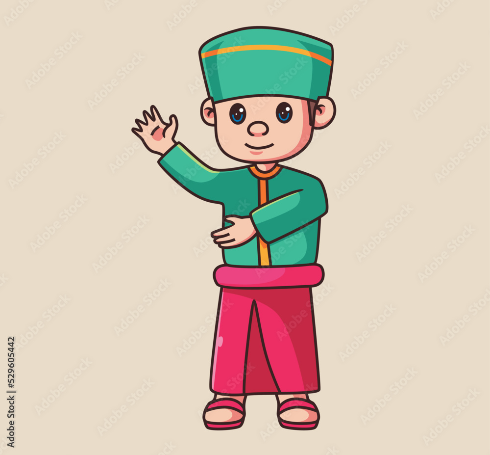 cute boy islam uniform. Isolated cartoon person illustration. Flat Style Sticker element vector