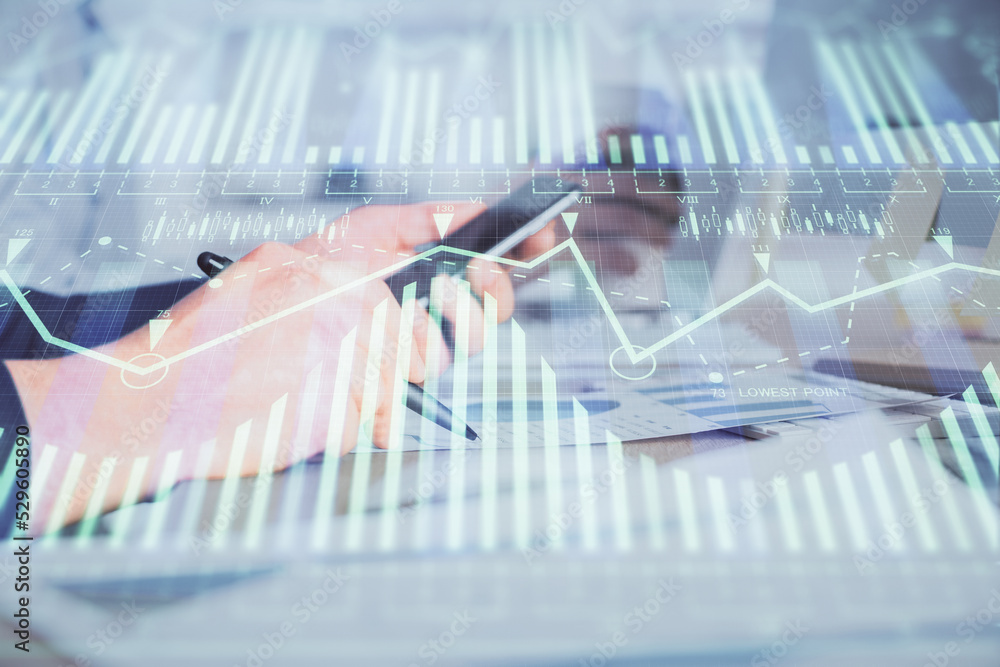 Multi exposure of man's hands holding and using a digital device and data theme drawing. Innovation concept. Multi exposure of man's hands holding and using a digital device and data theme drawing. Innovation concept.