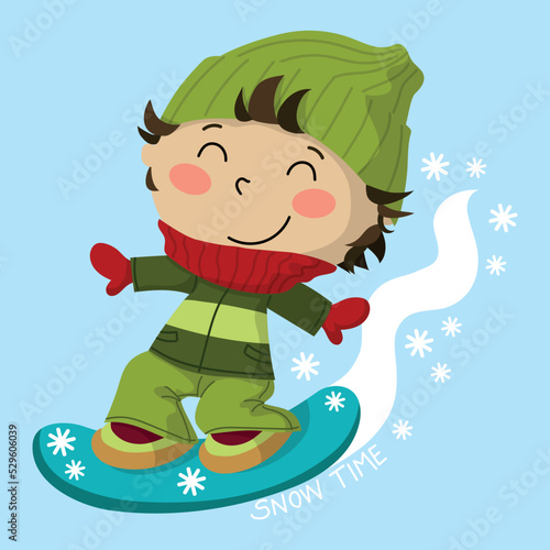 Funny boy sliding with his snowboard, Winter illustration
