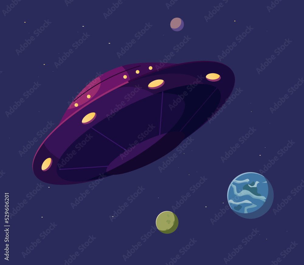 UFO: flying spaceship, planet Earth and other planets, cartoon illustration UFO: flying spaceship, planet Earth and other planets, cartoon illustration