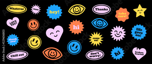 Cool trendy retro stickers with smile faces and messages. 21 Vector badges, 90s stickers. Cartoon comic patches. Love, chill, hi, thank you. Hipster retrowave labels on black background