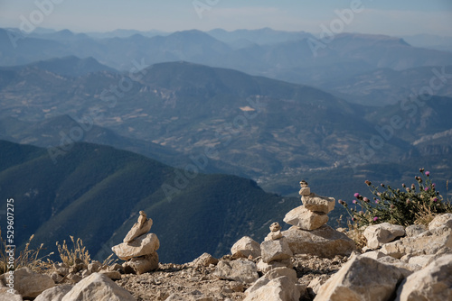 Stone pyramid of balance. View of the mountains from the famous Mont Ventoux in Provence, Vaucluse, France.