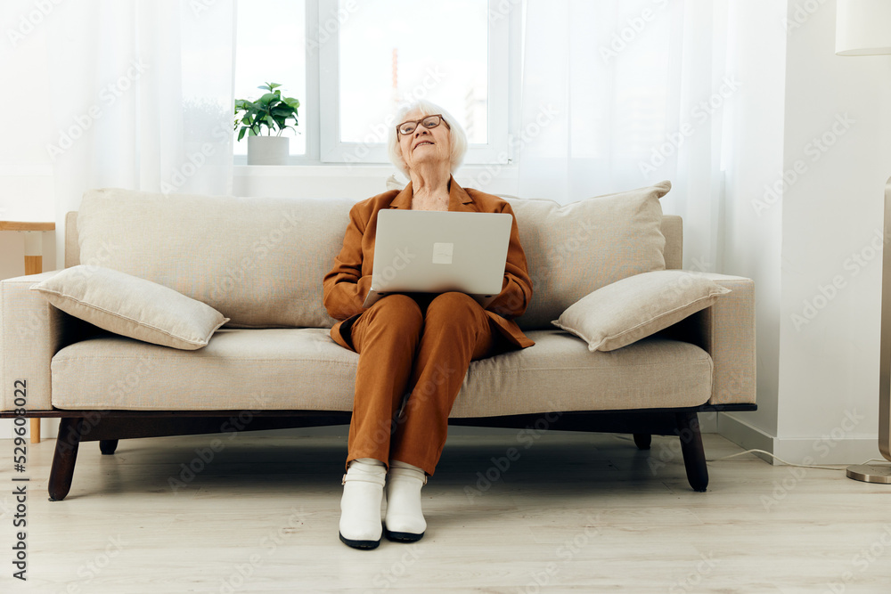 a sweet, emotional elderly woman with gray hair sits working at a laptop and happily laughs throwing her head back a sweet, emotional elderly woman with gray hair sits working at a laptop and happily laughs throwing her head back