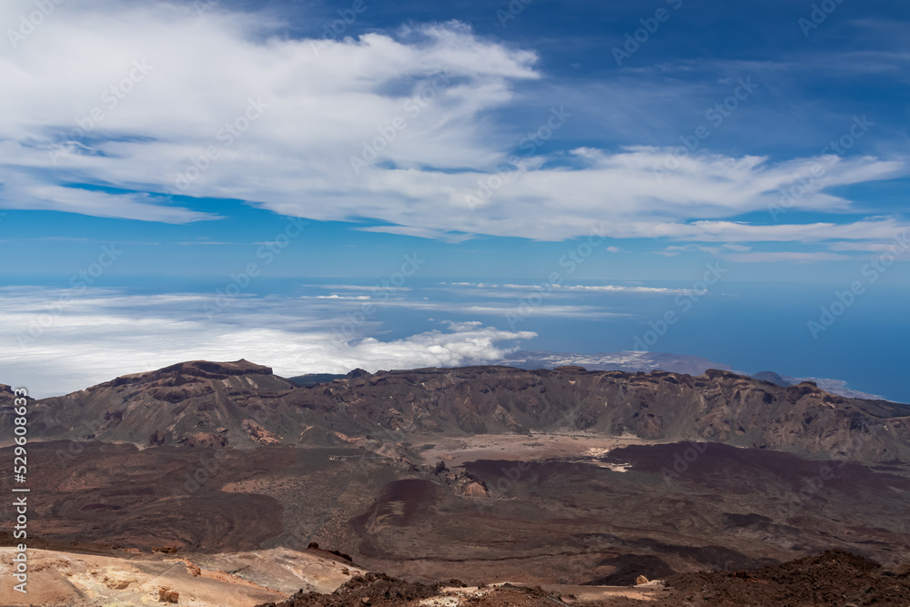 Panoramic view from the summit of volcano Pico del Teide over the island of Tenerife, Canary Islands, Spain, Europe. Vista on barren landscape, Solidified lava, ash, pumice. Atlantic Ocean sea vista