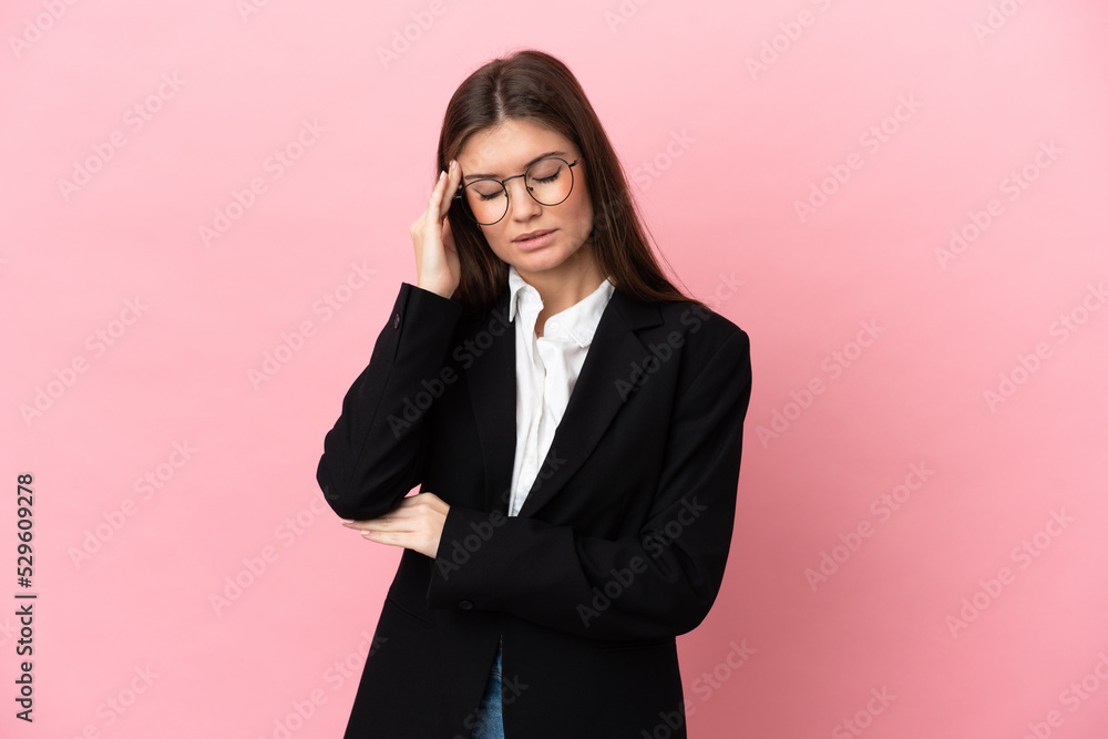 Young Business caucasian woman isolated on pink background with headache Young Business caucasian woman isolated on pink background with headache