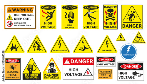 High voltage danger signs. Vector graphics.
