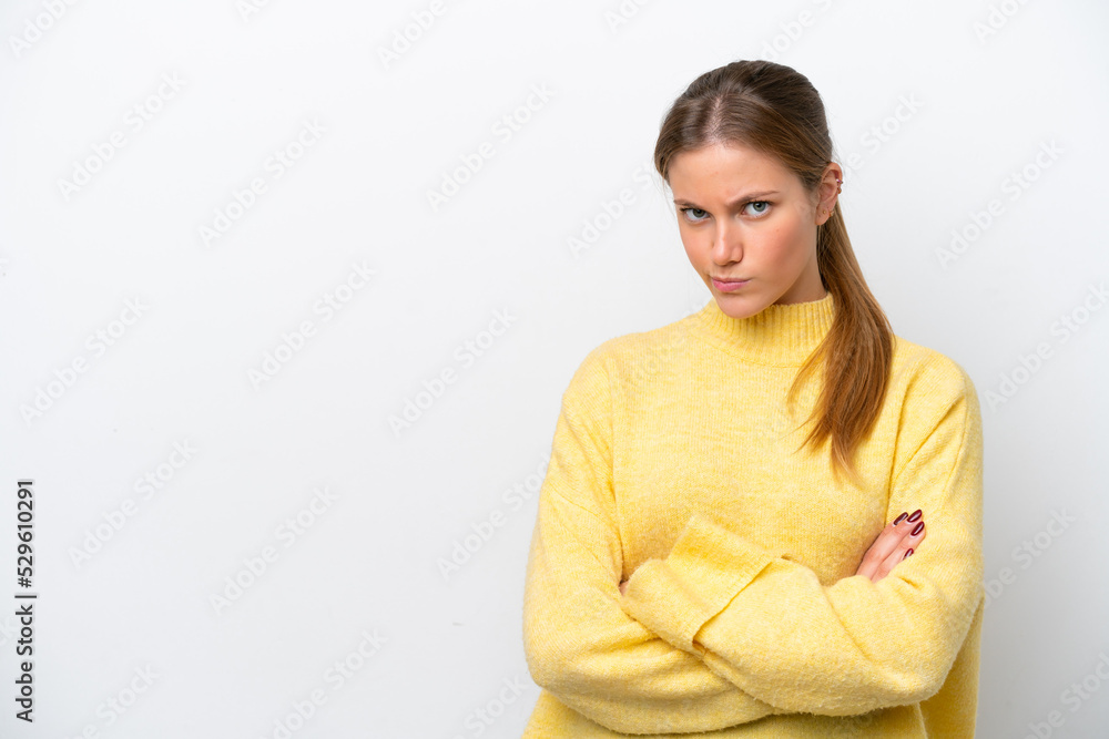 Young caucasian woman isolated on white background with unhappy expression