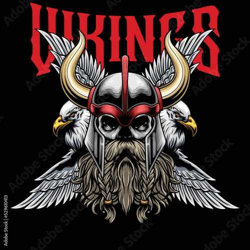 Vector Illustration of Skull Wearing Viking Helmet with Falcons in Vintage Style