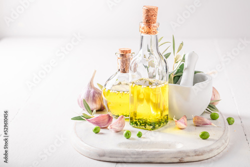Healthy and delicious oil with garlic and herbs.