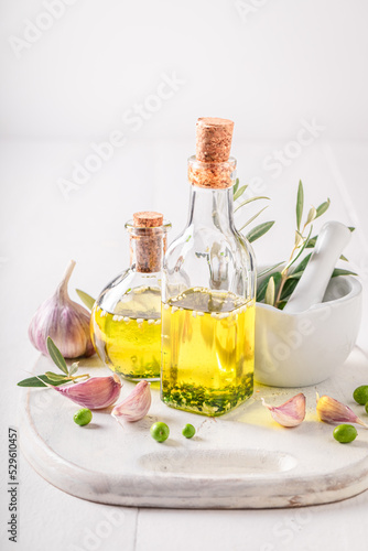 Healthy and delicious oil with oil, garlic and herbs.
