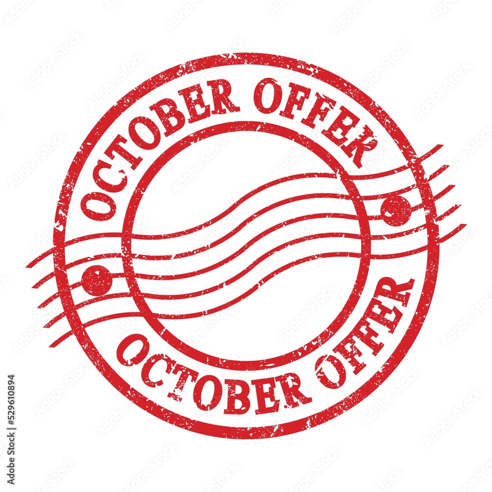 OCTOBER OFFER, text written on red postal stamp. OCTOBER OFFER, text written on red postal stamp.