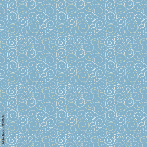 Seamless repeat pattern of swirls on blue background