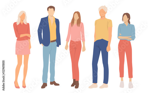  Set of young men and women, different colors, cartoon character, group of silhouettes of standing business people, students, the design concept of flat icon, isolated on white background