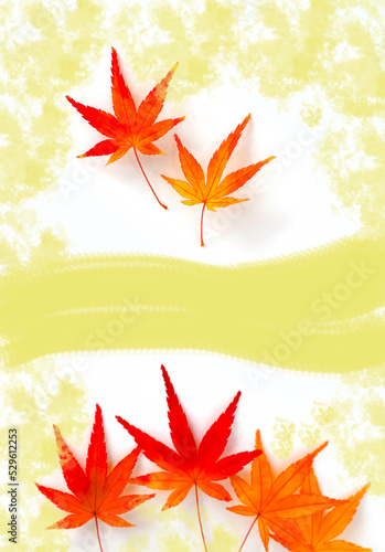 白背景にモミジの葉とゴールドの模様の背景、紅葉した楓の葉の背景素材 