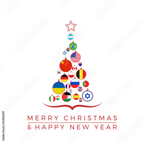 Christmas tree with national flags, world peace without wars. Vector illustration, greeting card.