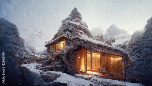 House made of snow, wooden windows and doors. Fantasy house, winter landscape with snow. Light from the window. 3D illustration.