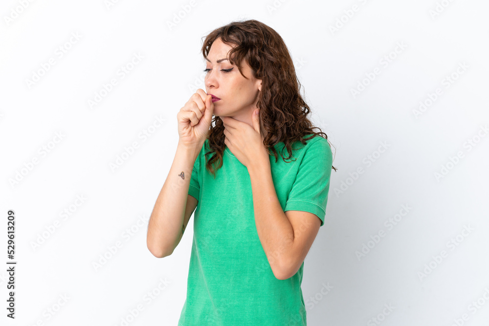Young woman with curly hair isolated on white background coughing a lot Young woman with curly hair isolated on white background coughing a lot