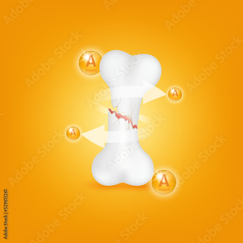 Vitamin A circle ball orange help strengthen bone not to be broken or decay on orange background. Skeleton x ray scan concept. Healthy knee bone.Medical or healthcare. 3D Realistic Vector.