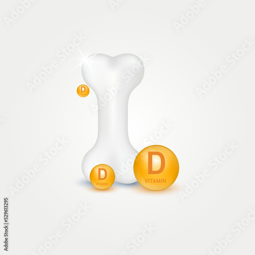 Vitamin D circle ball orange on white background help strengthen bone. Healthy knee bone human bone anatomy. Skeleton x ray scan concept therapy. Medical or healthcare. Realistic 3d Vector.