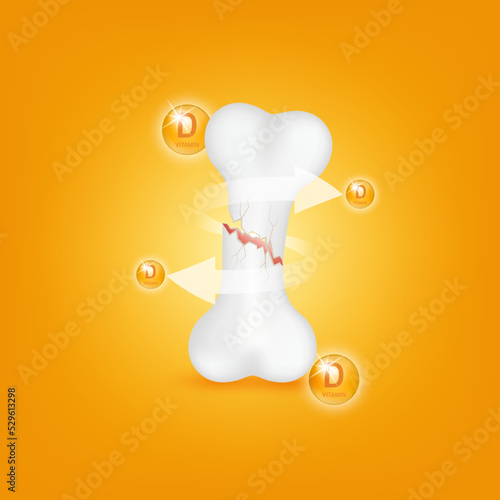 Vitamin D circle ball orange help strengthen bone not to be broken or decay on orange background. Skeleton x ray scan concept. Healthy knee bone.Medical or healthcare. 3D Realistic Vector.