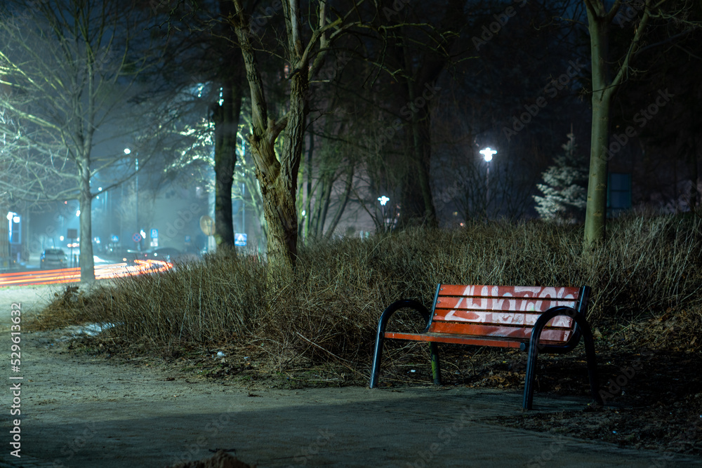 bench in the park, night time