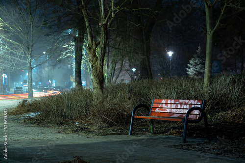 bench in the park, night time
