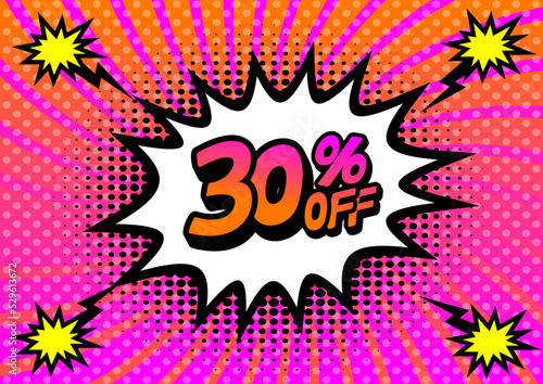 30 Percent OFF Discount on a Comics style bang shape background. Pop art comic discount promotion banners.