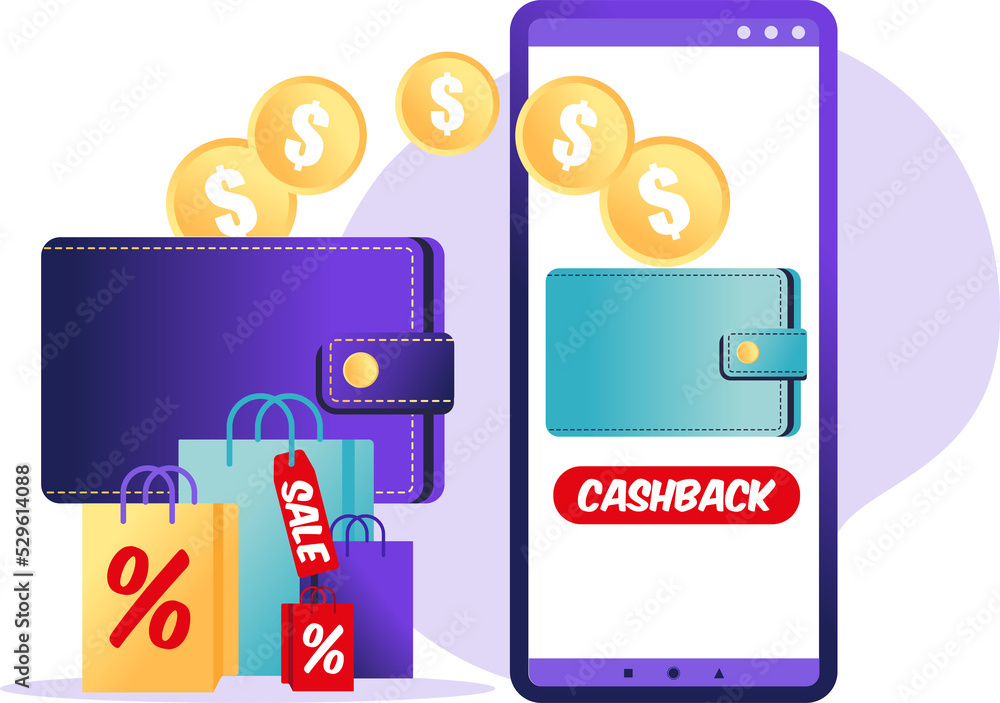 Online cashback concept. Coins or money transfer from smartphone to e-wallet. Online banking. Saving money. Money refund. 