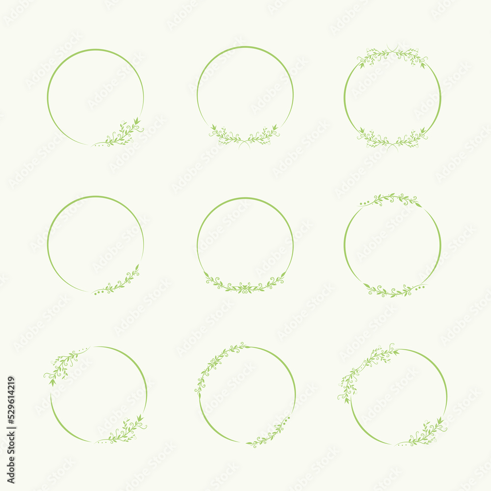Set of green floral round frames isolated vector illustration.
