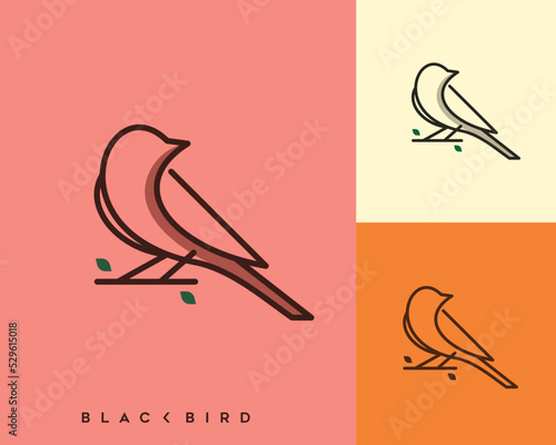 simple logo of a bird standing on a tree branch in line art style
